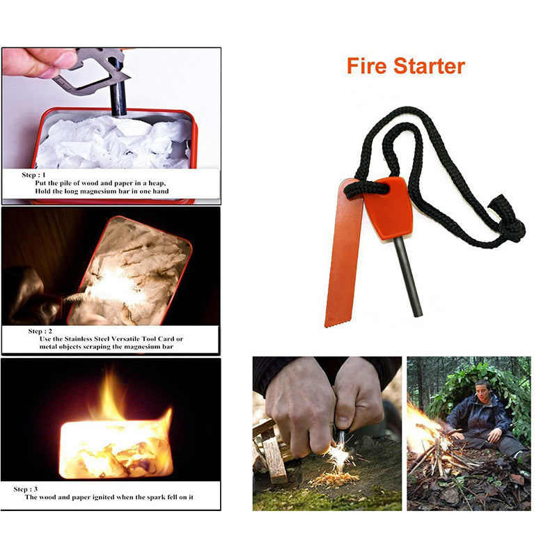 Emergency SOS kit survival with a fire starter, a saw, an emergency blanket and much more