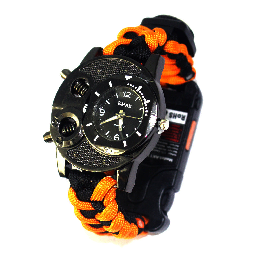 Emergency watch with rope and flashlight