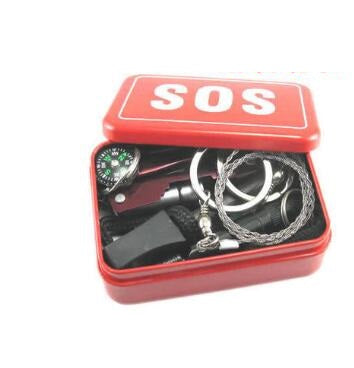 Emergency SOS Kit metal with an emergency whistle, a fire starter, saw and more