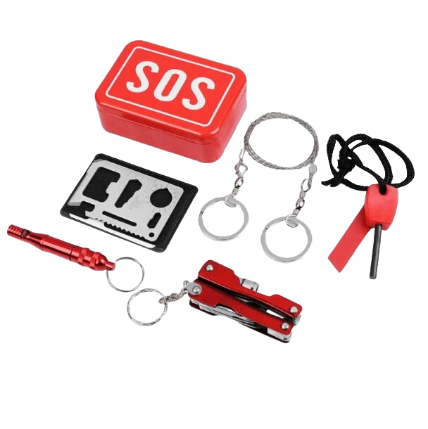 Emergency SOS Kit metal with an emergency whistle, a fire starter, saw and more