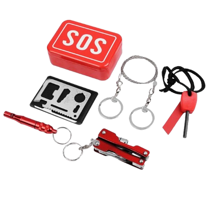 Emergency SOS Kit metal with an emergency whistle, a fire starter, saw and more