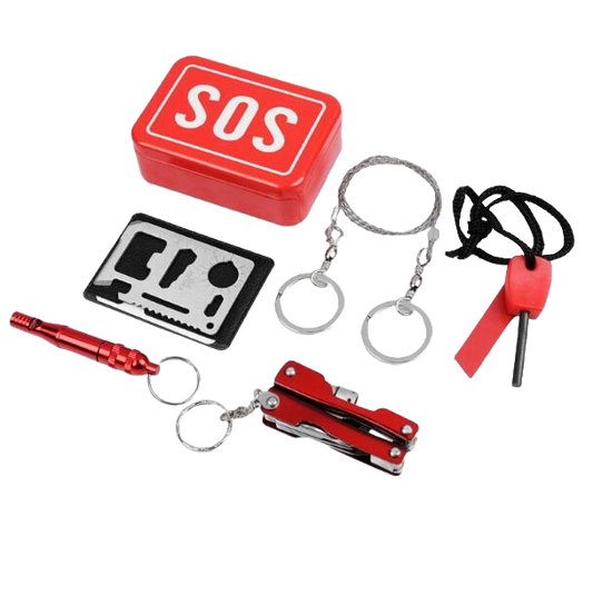 Emergency SOS Kit metal with an emergency whistle, a fire starter, saw and more