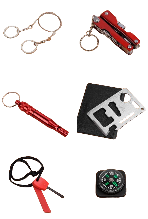 Emergency SOS Kit metal with an emergency whistle, a fire starter, saw and more