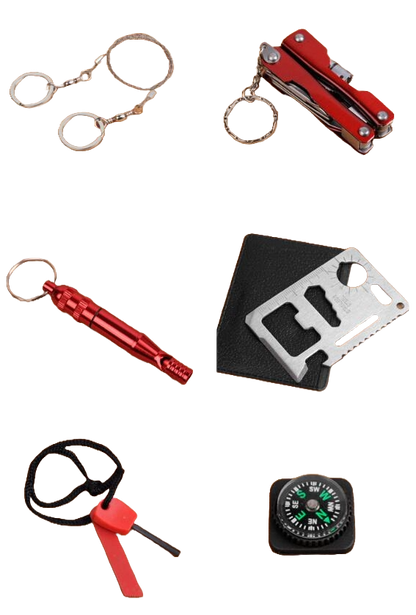 Emergency SOS Kit metal with an emergency whistle, a fire starter, saw and more