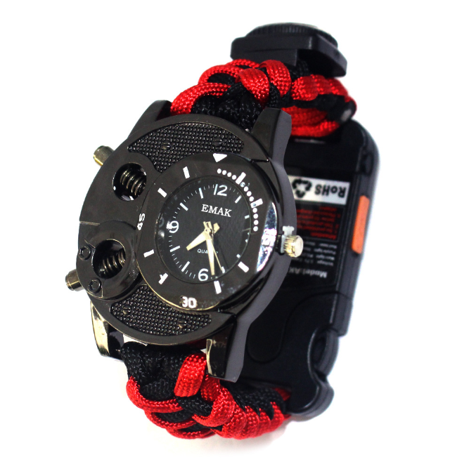 Emergency watch with rope and flashlight