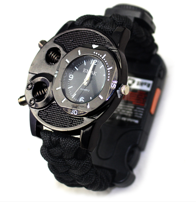 Emergency watch with rope and flashlight