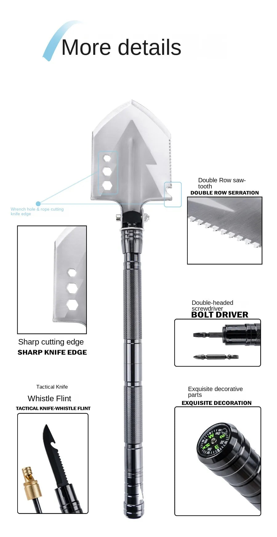 Multifunctional Shovel with Axe, Compass, and More